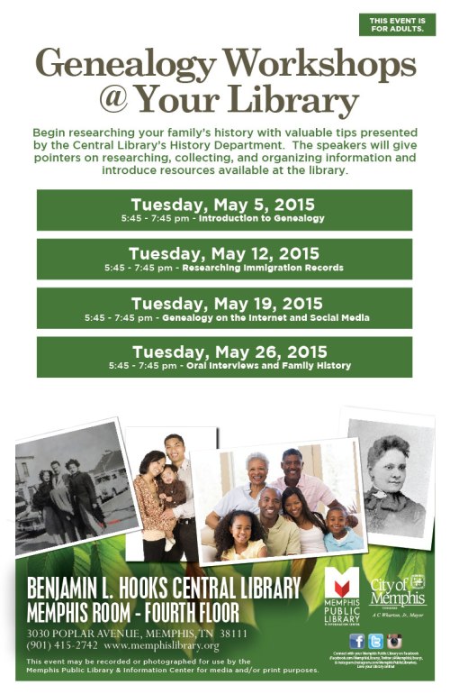 Free genealogy workshops will be offered on Tuesday nights in May.